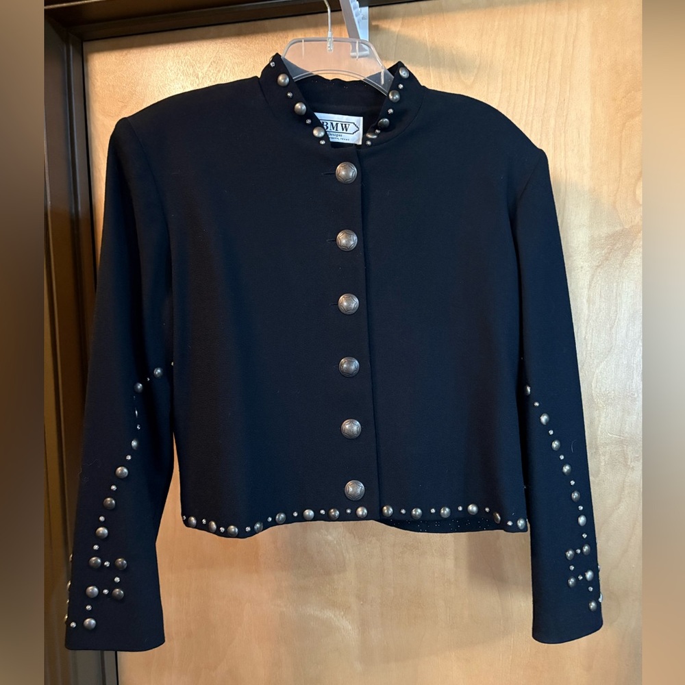 Vintage BMW Black Stud-Embellished Cropped Jacket; Size L; Has Shoulder Pads